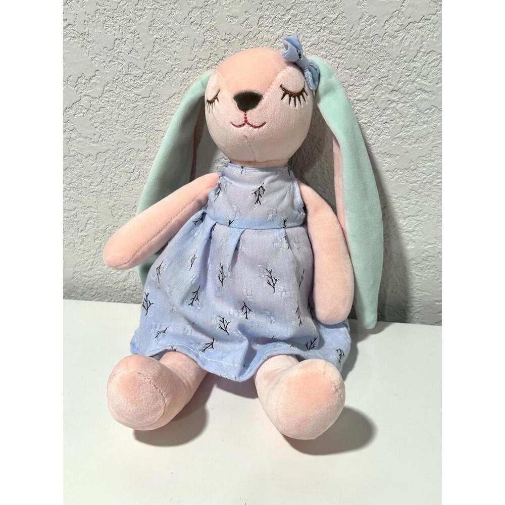 Unbranded Kids Girl Bunny Stuffed Animal Pink Easter Bunny Blue Dress Floral Bow - Picture 3 of 7